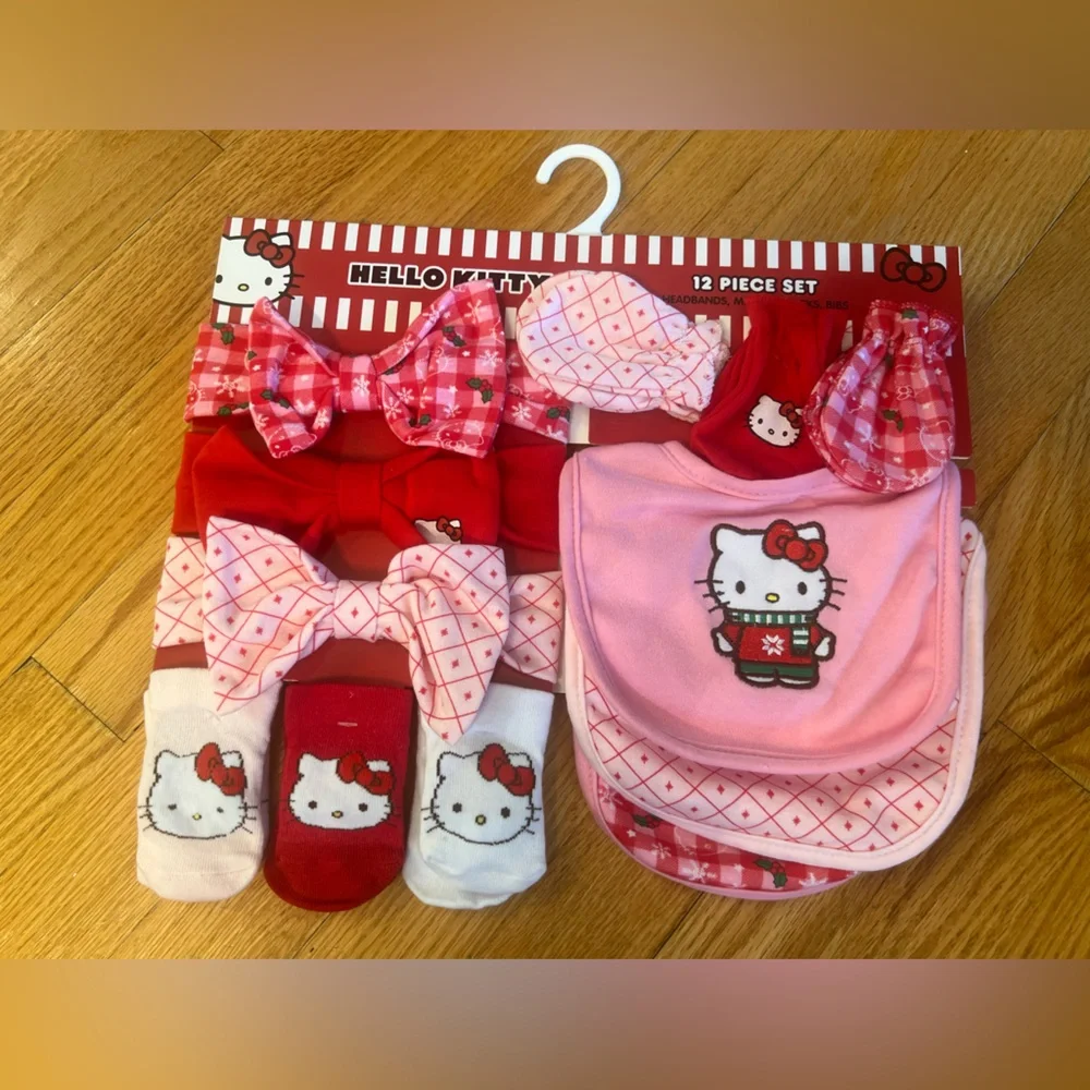 Hello Kitty Bibs, socks, Bows, mittens Set - Red, Pink, and White
